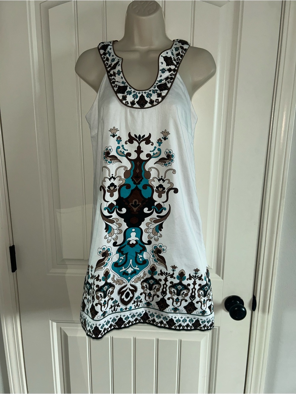 NEW Blanco White Tank Dress with Teal and Brown Print Sz XS